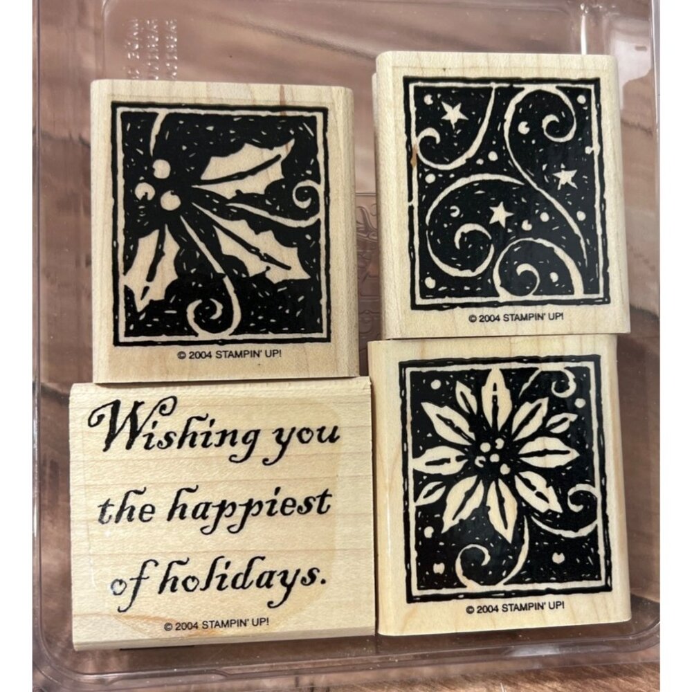 Stampin Up! HAPPIEST OF HOLIDAYS WOOD MOUNTED Rubber Stamp Set WISH HOLLY STAR